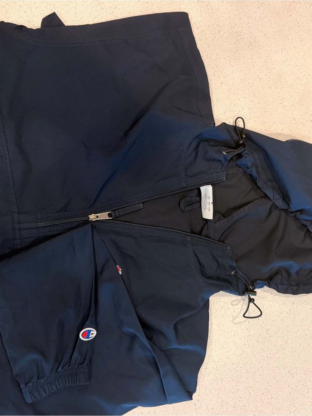 Champion Men's Medium Navy Blue Hooded Windbreaker Pullover Anorak Jacket
